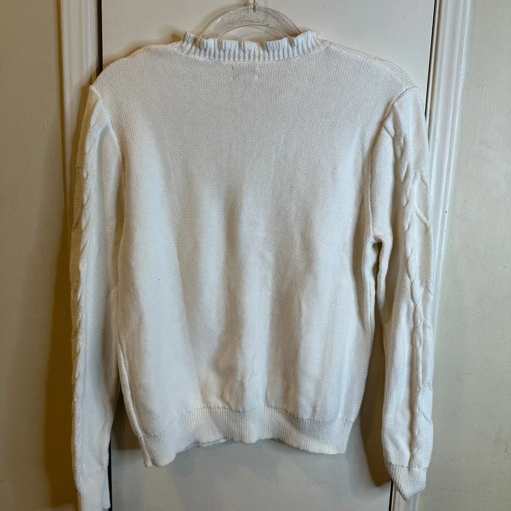 J.Crew Ivory Heart Cable Knit Ruffle Neck Cotton Sweater White Medium Feminine
